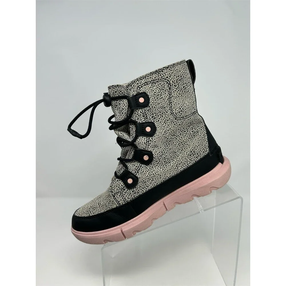 SOREL Explorer Lace Waterproof Winter Snow Boots Girls Speckled Gray Black Pink